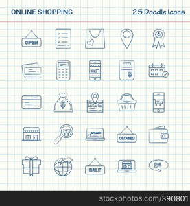 Online Shopping 25 Doodle Icons. Hand Drawn Business Icon set