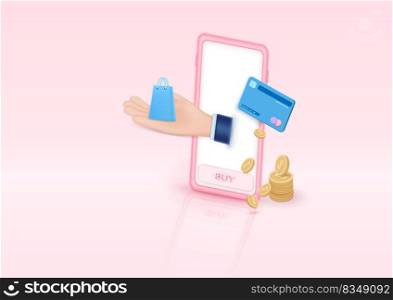 Online shopping 3d vector illustration. icon online payment and credit card or cash pass mobile smart phone. financial security on mobile 3d e commerce.