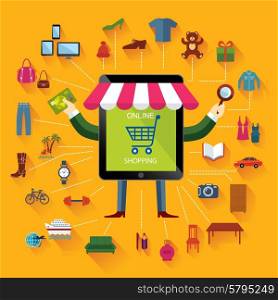 Online shopping and business. Conceptual background. Set of flat icons and design elements.