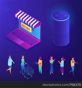 Online shopping and buying with smart speaker isometric set. Shopper with voice assistant, buyer with tablet, mobile shopper with cart. Blue violet background. Vector 3D isometric illustration.. Online shopping and buying with smart speaker isometric set.