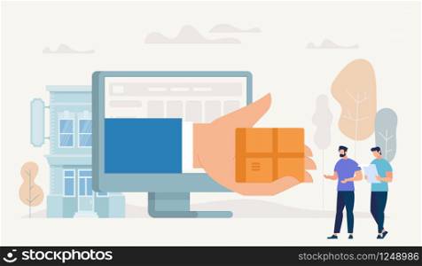 Online Shopping and Delivery Concept. Online Shop App. Ecommerce Sales, Online Shopping, Digital Technology in Marketing. Internet Shopping - Order, Pay, Deliver. Vector Flat Cartoon Illustration.. Online Shopping and Delivery Concept. Vector.