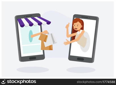 Online shopping and delivery concept. Online shop is giving a bag to a woman.delivery fast.Flat vector cartoon character illustration.
