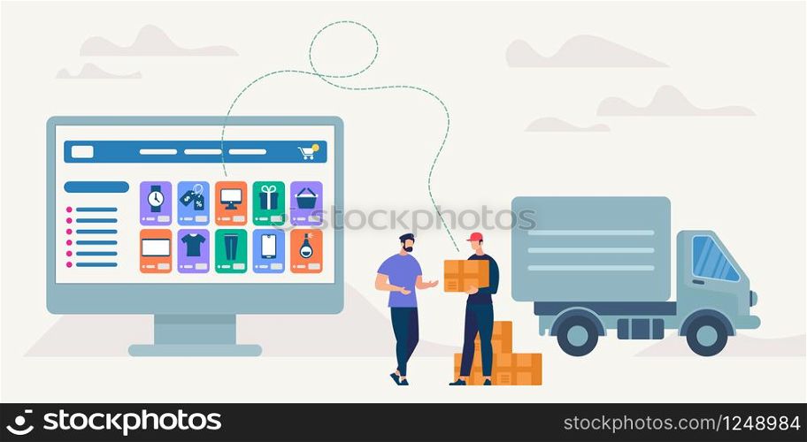 Online Shopping and Delivery of Purchases. Ecommerce Sales, Digital Marketing. Sale and Consumerism Concept. Online Shop Application. Digital Technologies and Shoppin. Flat style Vector Illustration.. On-line Shopping and Delivery. Vector Illustration