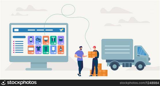 Online Shopping and Delivery of Purchases. Ecommerce Sales, Digital Marketing. Sale and Consumerism Concept. Online Shop Application. Digital Technologies and Shoppin. Flat style Vector Illustration.. On-line Shopping and Delivery. Vector Illustration