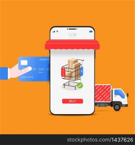 Online shopping and delivery service with mobile application technology. Digital marketing and e-commerce. vector illustration