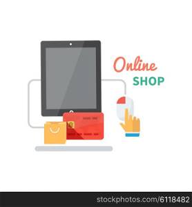 Online shopping and e-commerce concept flat. Web payment, buy and shop, commerce technology marketing, internet shopping process of purchasing. Buy online icon. Hand push buttons on computer mouse