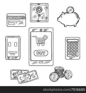 Online shopping and finance sketch concept design with tablet pc with shopping cart and button Buy on the screen, surrounded by dollar bills and coins, smartphone, calculator, piggy bank with money and safe. Online shopping objects and icons