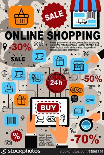 Online shopping and internet store poster for web shop orders. Vector design of shopping cart, credit card and barcode with discount for user computer or smartphone buy and pay or delivery application. Online shopping and web store sale vector poster