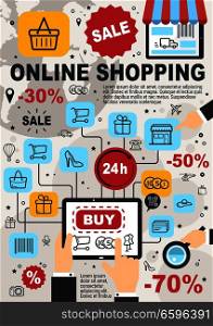 Online shopping and internet store poster for web shop orders. Vector design of shopping cart, credit card and barcode with discount for user computer or smartphone buy and pay or delivery application. Online shopping and web store sale vector poster