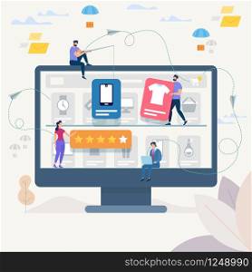 Online Shopping and Network. Ecommerce Sales, Digital Marketing. Sale and Consumerism Concept. Online Shop Application. Digital Technologies and Shoppin. Flat style Vector Illustration.. On-line Shopping and Network. Vector Illustration.