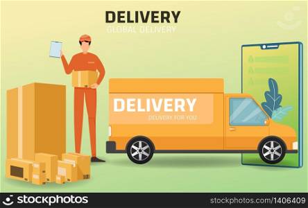 Online shopping and Online delivery service concept vector illustration. banner. mobile app. landing page PC. Online order tracking. Delivery at home and office. Shopping online and delivery on mobile