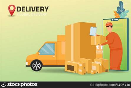 Online shopping and Online delivery service concept vector illustration. banner. mobile app. landing page PC. Online order tracking. Delivery at home and office. Shopping online and delivery on mobile