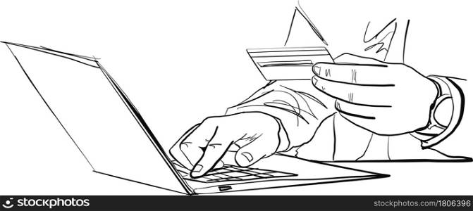 Online shopping and payment concept with male at desk typing on computer keyboard and holding a credit card Vector Illustration