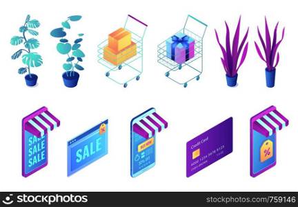 Online shopping and plants isometric 3D illustration set. Smartphone shopping app and sale, shopping cart with boxes and credit card, mobile phone and buy now concept. Isolated on white background.. Online shopping and plants isometric 3D illustration set.