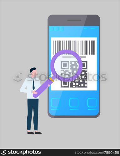 Online shopping and product search vector, smartphone and man with magnifier. Barcode on device or gadget screen, Internet transaction and payments. Online Shopping and Product Search, Smartphone