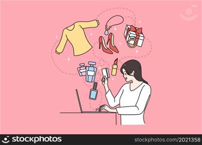 Online shopping and technologies concept. Young smiling woman sitting at laptop shopping online buying clothes and beauty things vector illustration . Online shopping and technologies concept