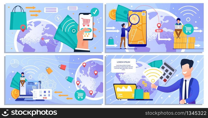 Online Shopping and Wireless Payment Services Cartoon Banner Set. Business People Order, Buy Goods around World. Worldwide Transactions and Delivery. Digital Marketing, E-Commerce. Vector Illustration. Online Shopping and Wireless Payment Services Set