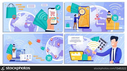Online Shopping and Wireless Payment Services Cartoon Banner Set. Business People Order, Buy Goods around World. Worldwide Transactions and Delivery. Digital Marketing, E-Commerce. Vector Illustration. Online Shopping and Wireless Payment Services Set