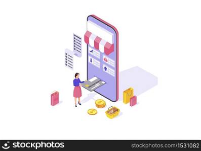 Online shopping app isometric color vector illustration. Mobile banking. Online payment infographic. E-payment. Shopping smartphone application 3d concept. Webpage, mobile app design. Online shopping app isometric color vector illustration