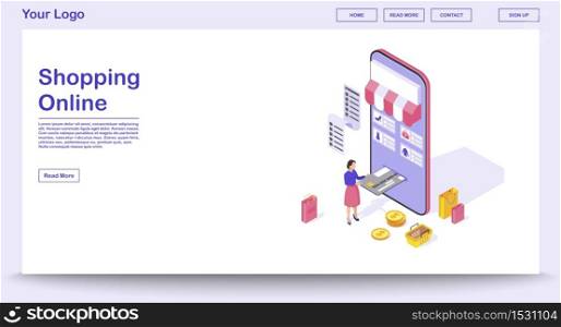 Online shopping app webpage vector template with isometric illustration. Website interface design. Shopping smartphone application 3d concept. Online payment infographic. Webpage, mobile app design. Online shopping app webpage vector template with isometric illustration