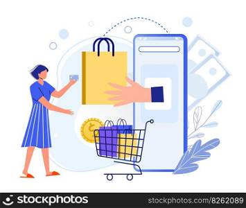 Online shopping app. Woman paying for purchase by credit card. Smartphone screen with hand providing shopping bag. Trolley full of orders. Female character buying goods vector illustration. Online shopping app. Woman paying for purchase by credit card. Smartphone screen with hand providing shopping bag