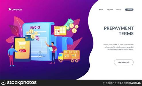 Online shopping application, delivery service, transportation business. Prepayment terms, payment in advance, cash in advance conditions concept. Website homepage landing web page template.. Prepayment terms concept landing page