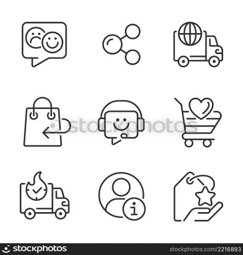 Online shopping assistance pixel perfect linear icons set. Customer and client service. Help desk. Customizable thin line symbols. Isolated vector outline illustrations. Editable stroke. Online shopping assistance pixel perfect linear icons set