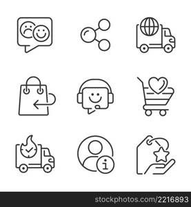 Online shopping assistance pixel perfect linear icons set. Customer and client service. Help desk. Customizable thin line symbols. Isolated vector outline illustrations. Editable stroke. Online shopping assistance pixel perfect linear icons set