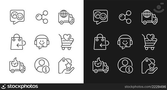 Online shopping assistance pixel perfect linear icons set for dark, light mode. Customer and client service. Help desk. Thin line symbols for night, day theme. Isolated illustrations. Editable stroke. Online shopping assistance pixel perfect linear icons set for dark, light mode