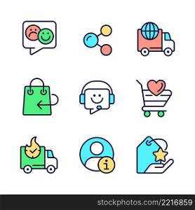 Online shopping assistance pixel perfect RGB color icons set. Customer and client service. Help desk. Isolated vector illustrations. Simple filled line drawings collection. Editable stroke. Online shopping assistance pixel perfect RGB color icons set