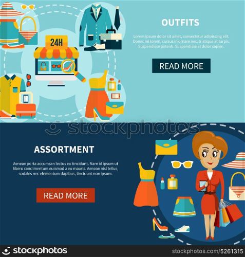 Online Shopping Assortment Banners Set. E-commerce 2 colorful horizontal banners set with clothes outfits store symbols read more button light dark blue background flat vector illustration