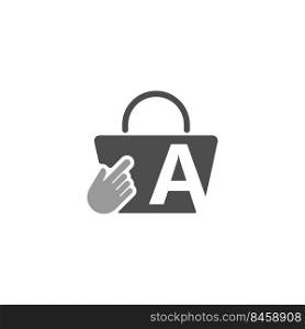 Online shopping bag, cursor click hand icon with letter A illustration