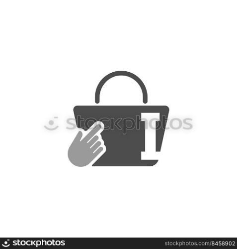 Online shopping bag, cursor click hand icon with letter I illustration