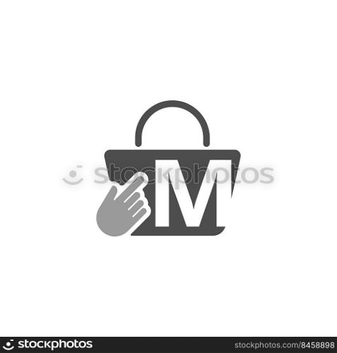 Online shopping bag, cursor click hand icon with letter M illustration