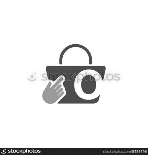 Online shopping bag, cursor click hand icon with letter O illustration
