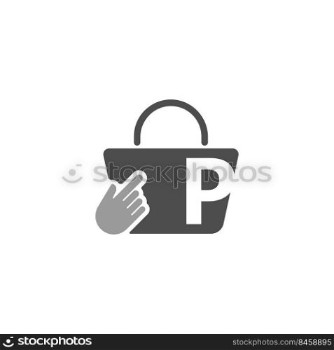 Online shopping bag, cursor click hand icon with letter P illustration