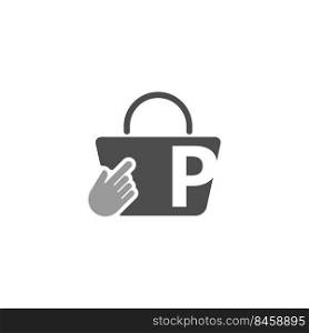 Online shopping bag, cursor click hand icon with letter P illustration