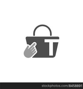 Online shopping bag, cursor click hand icon with letter T illustration