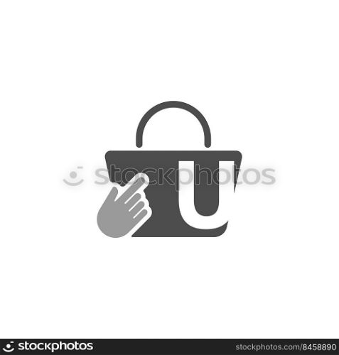Online shopping bag, cursor click hand icon with letter U illustration