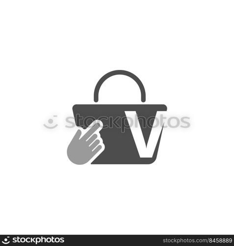 Online shopping bag, cursor click hand icon with letter V illustration