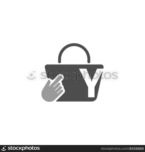 Online shopping bag, cursor click hand icon with letter Y illustration