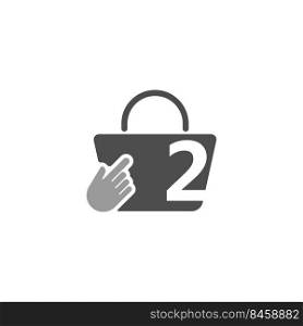 Online shopping bag, cursor click hand icon with number 2