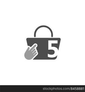 Online shopping bag, cursor click hand icon with number 5