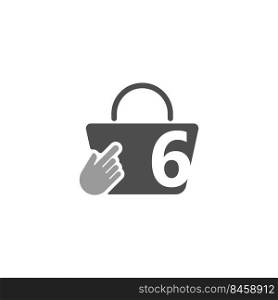 Online shopping bag, cursor click hand icon with number 6 illustration