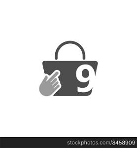 Online shopping bag, cursor click hand icon with number 9 illustration