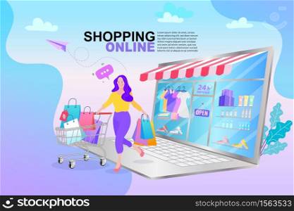 Online shopping banner, Internet digital store scene with woman on shopping. E-commerce advertising illustration. People shopping online concept with happy.