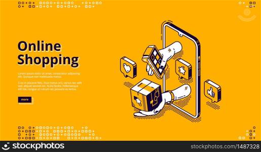 Online shopping banner. Mobile payment and delivery service concept. Vector landing page of ecommerce business with isometric smartphone and hand holding pos terminal and box. Vector landing page of online shopping