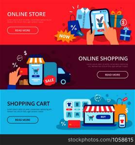 Online shopping banner. Web store credit card, internet shop cart and purchase delivery. Shop online, mobile buying service or advertising retail start vector banners set. Online shopping banner. Web store credit card, internet shop cart and purchase delivery vector banners set