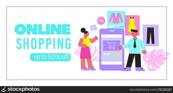 Online shopping banner with 50 percent discount advertising smartphone and sale icons flat vector illustration