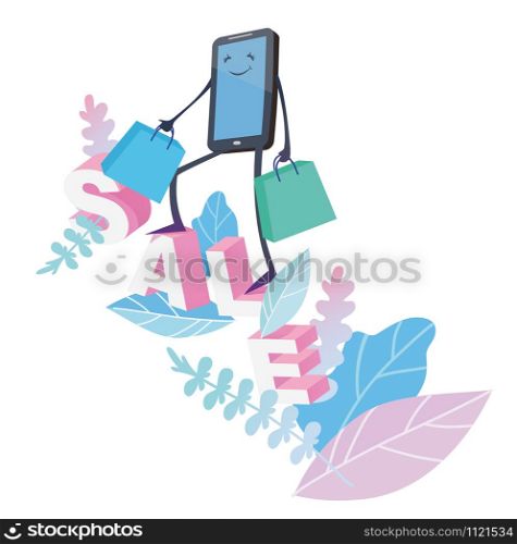 Online shopping, Big smartphone on sale text and leaf . Concept of mobile digital marketing and e-commerce